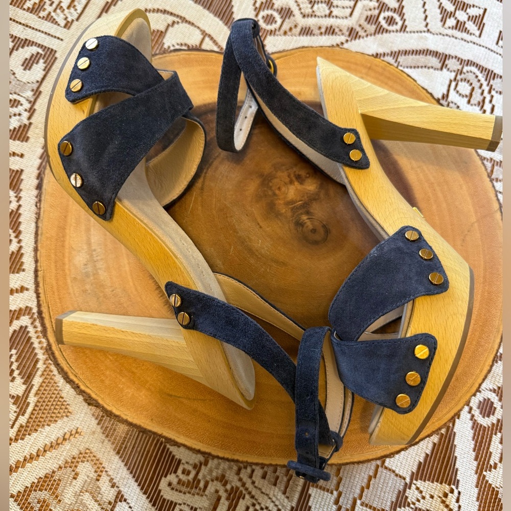 Veronica Beard Blue Suede Studded Heeled Sandals Criss Cross Ankle Strap, 7.5 - Picture 9 of 12